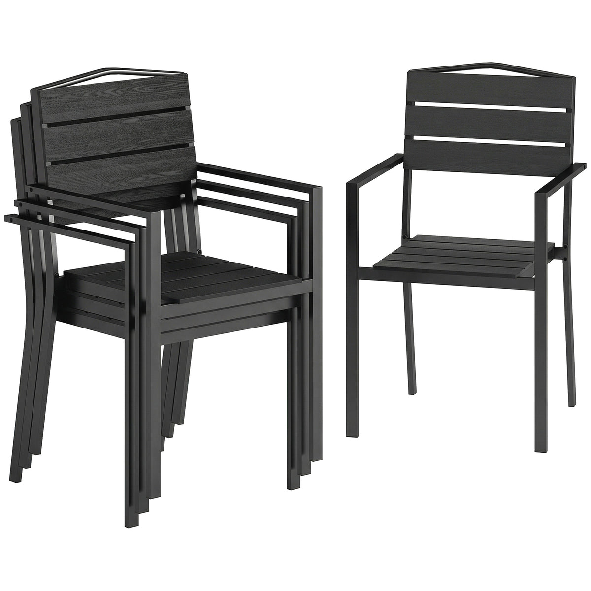 Stackable Garden Chairs Set of 4, Garden Dining Chairs with Slatted HDPE Seat Back, Armrests, Metal Frame, Black