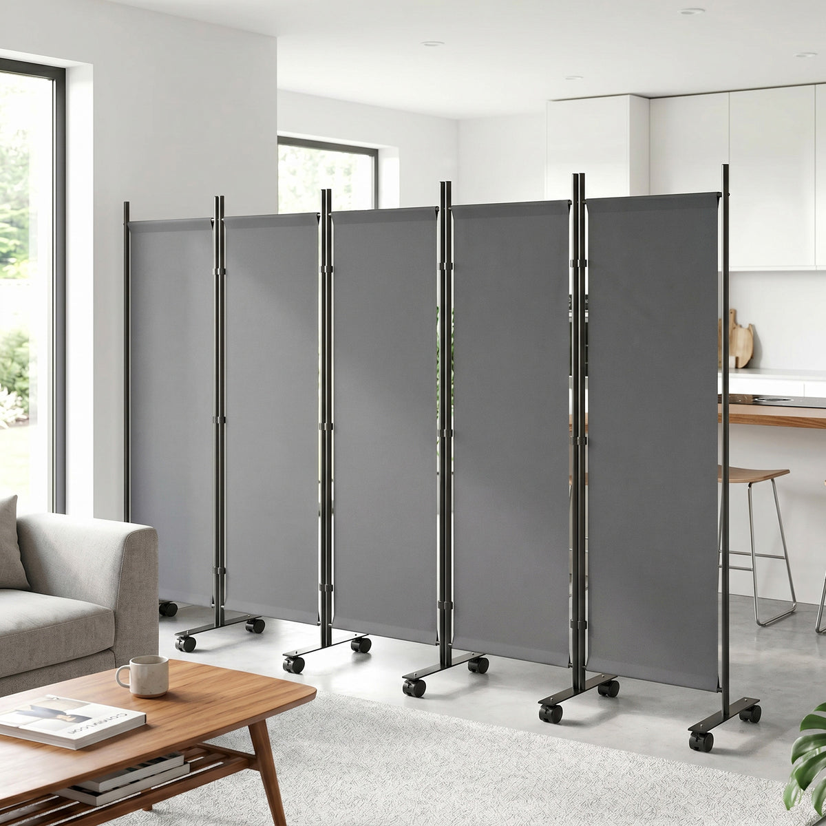 Raumteiler 5-teilig 252 x 40 cm Freistehend Paravent mit 12 Rollen Klappbar Trennwand DIY Dunkelgrau