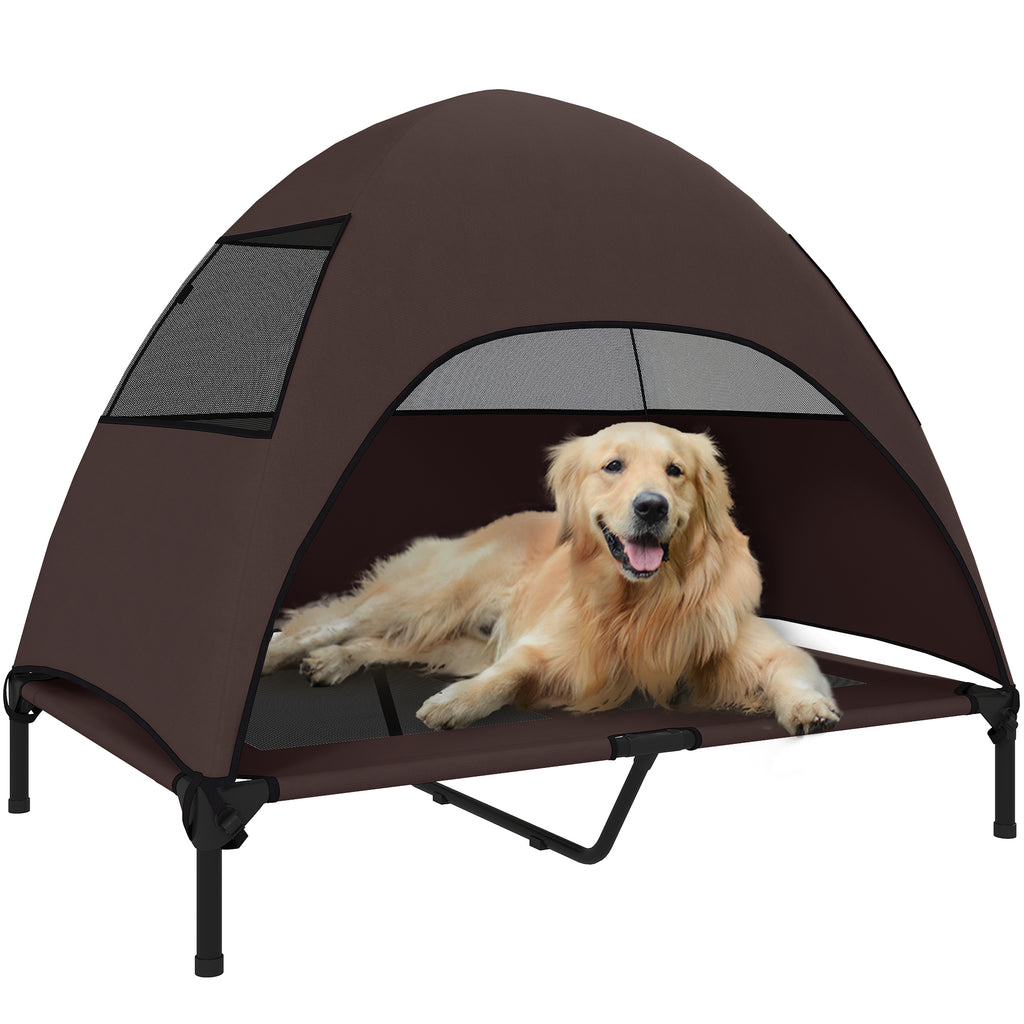 Hundeliege Outdoor mit Dach, Erh?htes Hundebett f¨¹r Gro?e Hunde, 106 x 76 x 99 cm, Kaffee