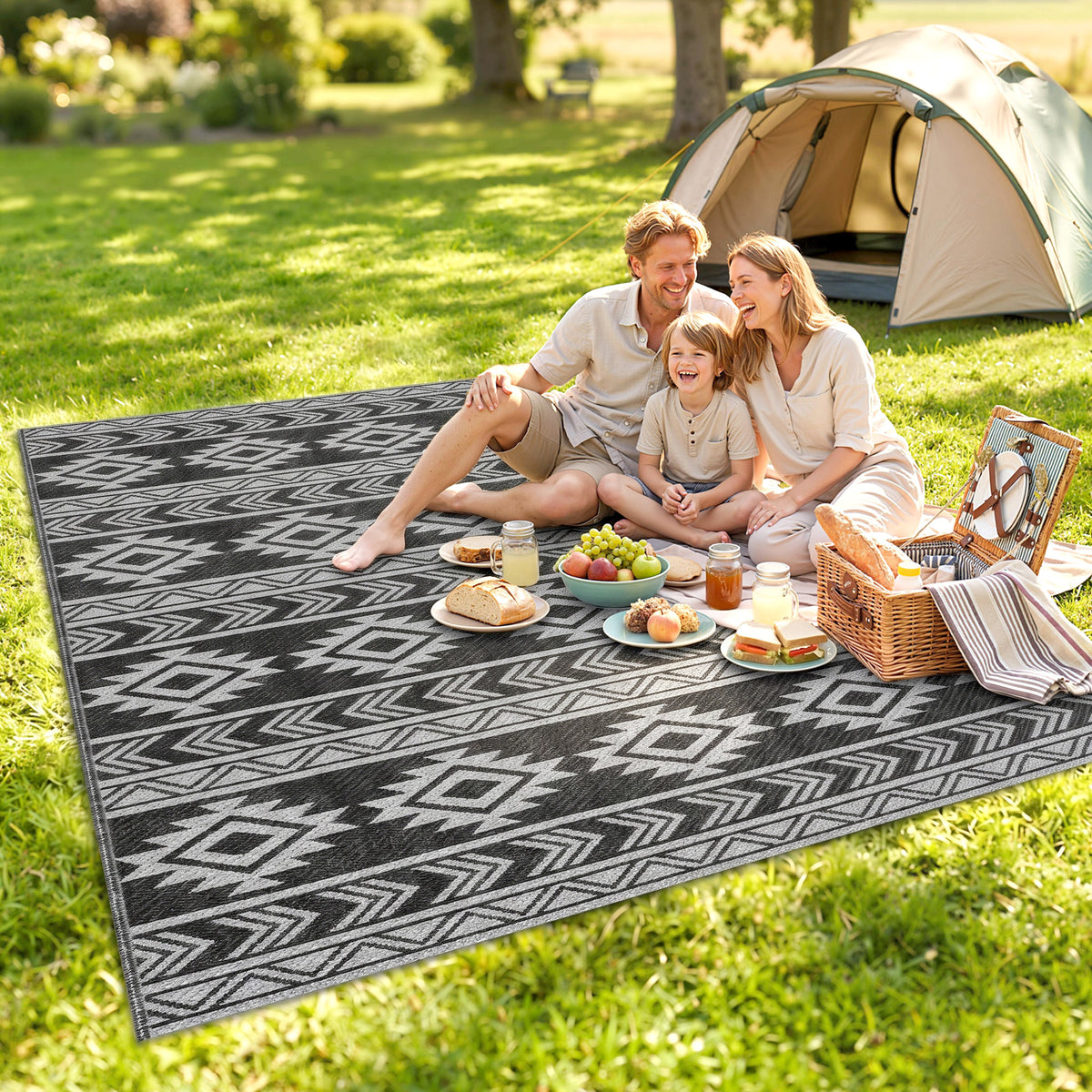 Outdoor-Teppich, wasserdicht, doppelseitiges Design, hochwertige Kunststofffaser, schwarz+grau, 182 x 274cm