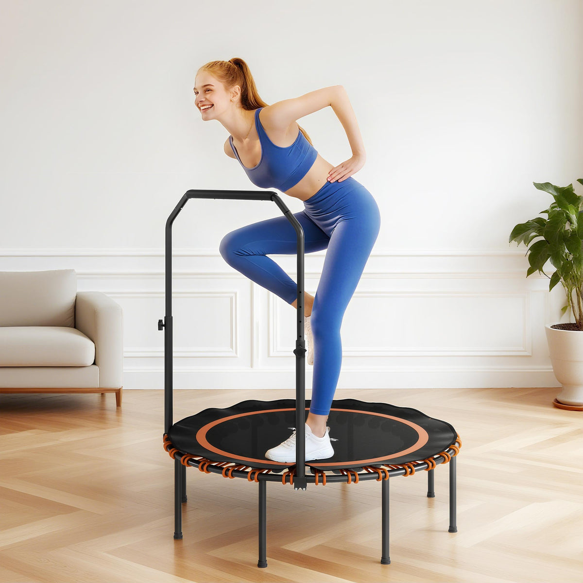 Fitness-Trampolin mit verstellbarem Handlauf, Sport-Trampolin f¨¹r drinnen und drau?en, Stahl, Kunststoff, Orange