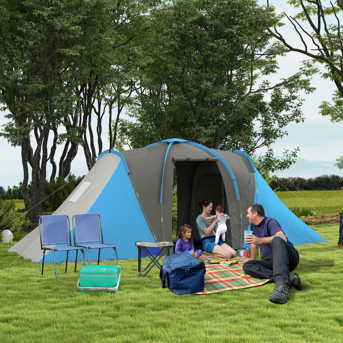 Large Camping Tent Tunnel Tent with 2 Bedroom and Living Area, 2000mm Waterproof, Portable with Bag for 4 Man, Blue