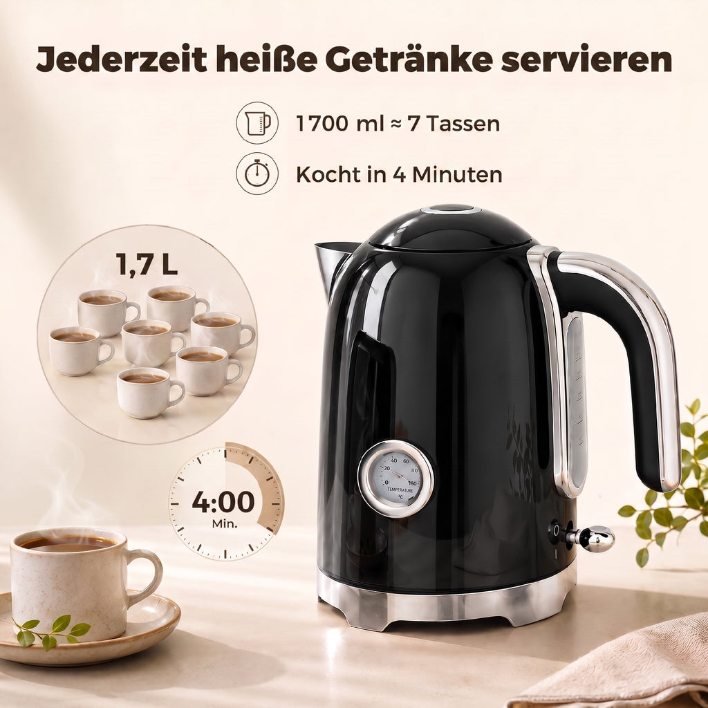Wasserkocher und Toaster Set mit Thermometer, 1,7 l, 2200 W Wasserkocher, 2-Scheiben-Toaster mit 7 Bräunungsstufen
