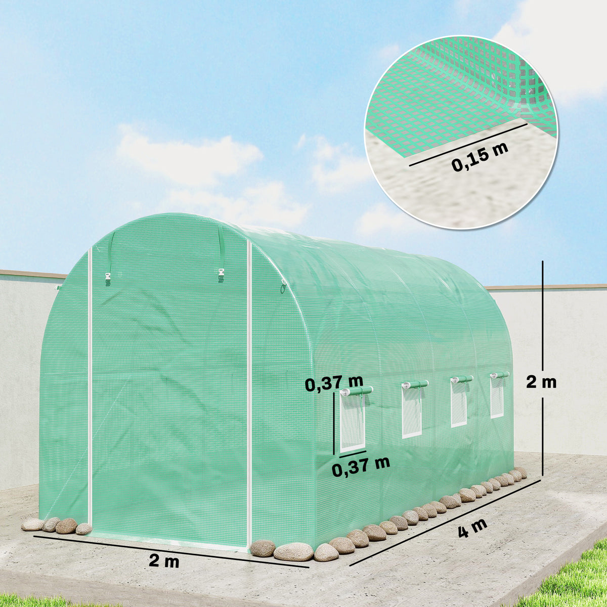 Gewächshausfolie 4 x 2 m, wasserdicht Gartenfolie mit Tür, 8 Fenster, UV Schutz, Reißfest Polyethylen NUR Folie Grün
