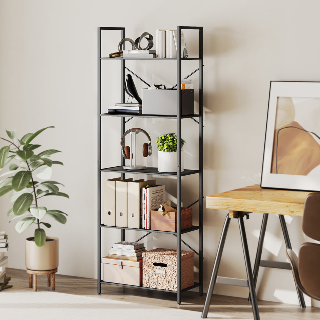 Bücherregal, Standregal mit 5 Ebenen, Industrielles Büroregal mit Metallrahmen, offenes Aufbewahrungsregal für Wohnzimmer, Büro, Arbeitszimmer, 60x30x170,5 cm, Schwarz
