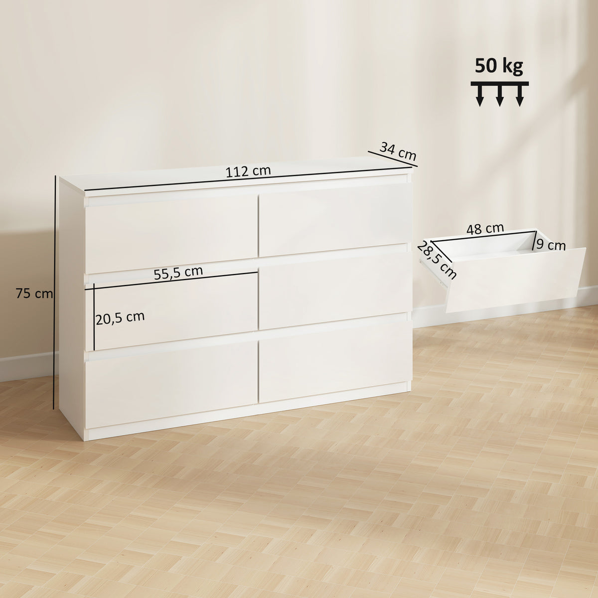 Kommode mit 6 Schubladen, Moderne Aufbewahrungsmöbel für das Schlafzimmer, Weiß