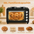 36L Mini-Backofen mit 2 Kochplatten, elektrischer Tischbackofen mit Umluft, 90–230 °C