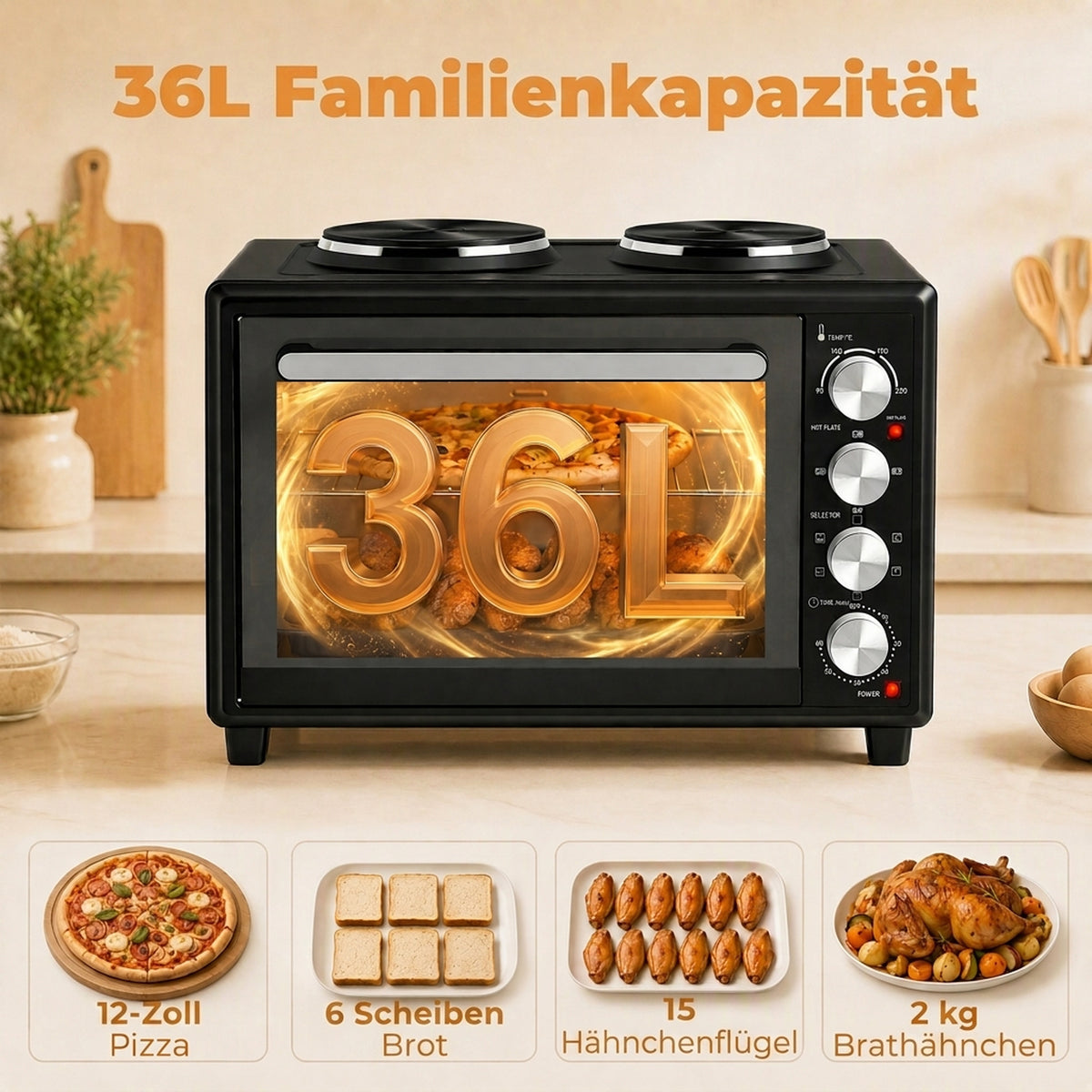 36L Mini-Backofen mit 2 Kochplatten, elektrischer Tischbackofen mit Umluft, 90–230 °C