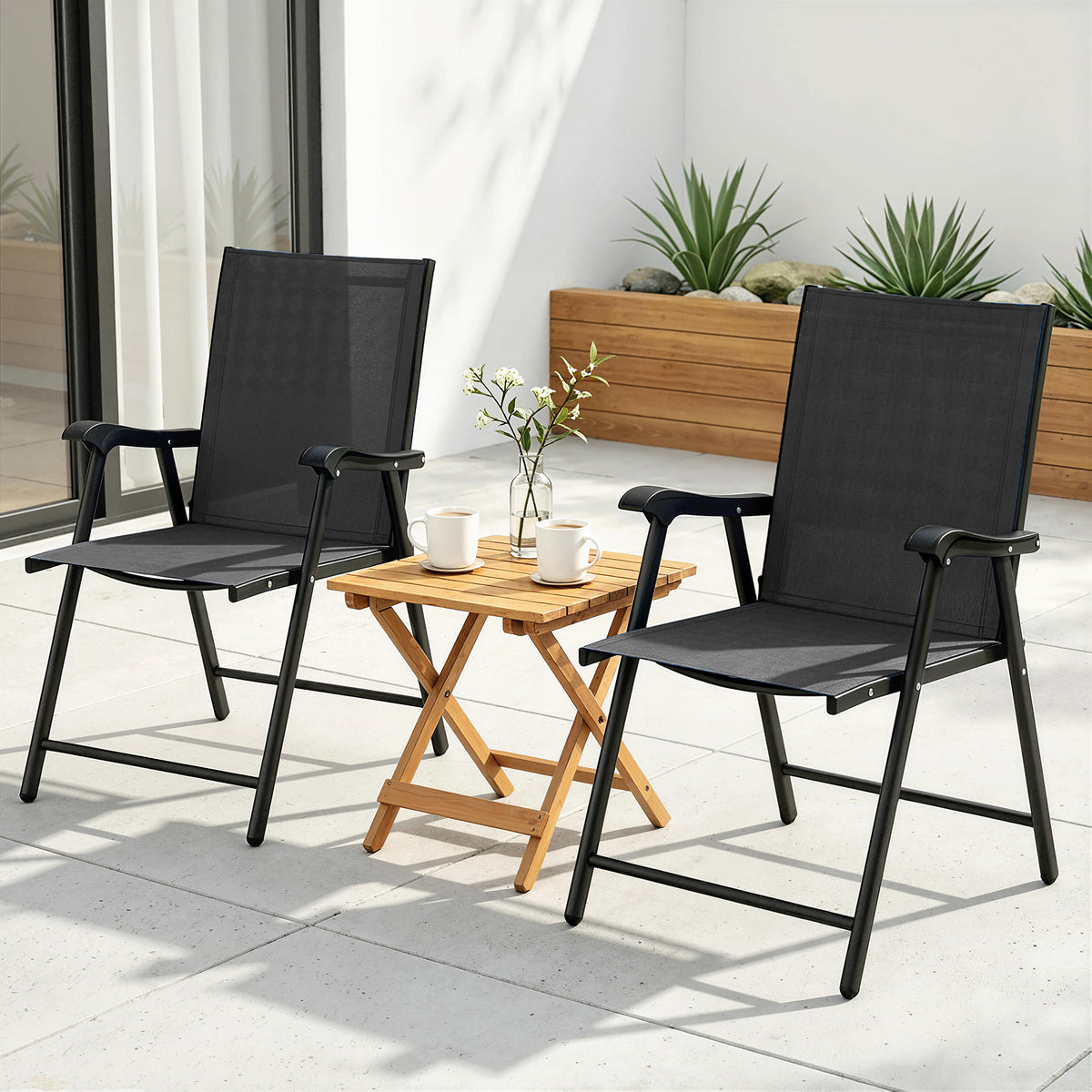 Folding Garden Chairs Set of 2, Foldable Garden Dining Chairs with High Back, Armrests, Texteline Seat, Black