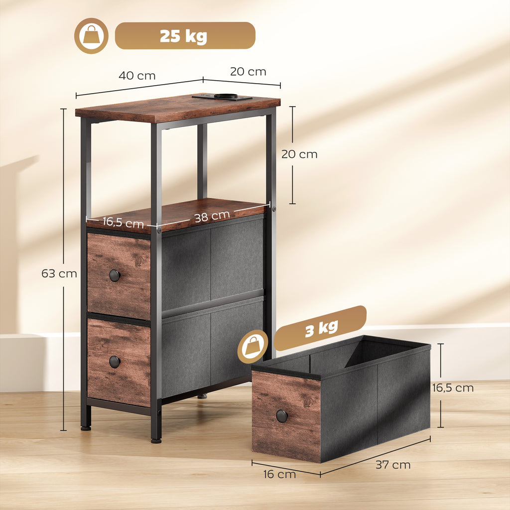 Couchtisch Beistelltisch mit Ladestation, Stahlrahmen, 2 Stoffschublade, offen Fach, 20cm x 40cm x 63cm, Rustikal-Braun
