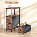 Couchtisch Beistelltisch mit Ladestation, Stahlrahmen, 2 Stoffschublade, offen Fach, 20cm x 40cm x 63cm, Rustikal-Braun