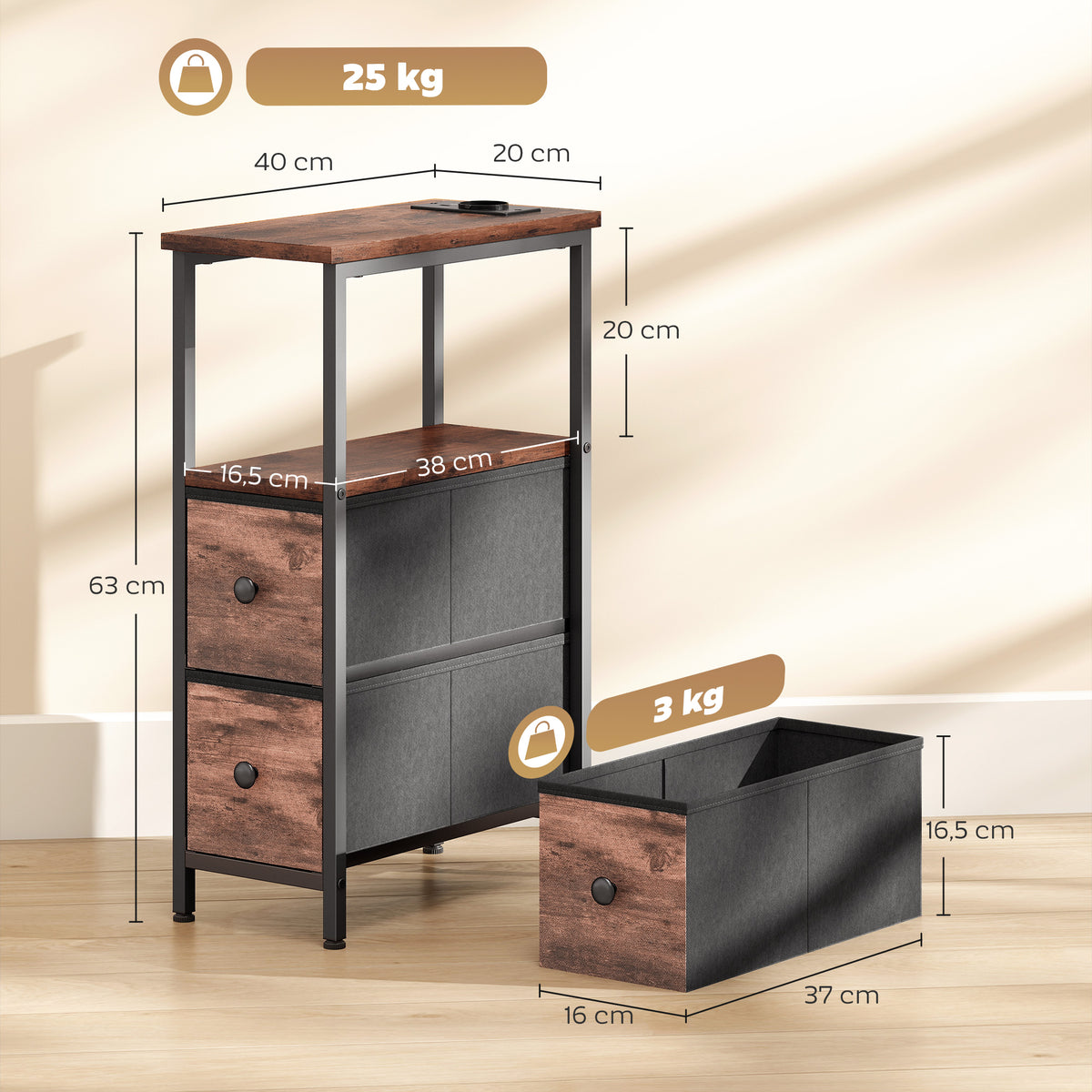 Couchtisch Beistelltisch mit Ladestation, Stahlrahmen, 2 Stoffschublade, offen Fach, 20cm x 40cm x 63cm, Rustikal-Braun