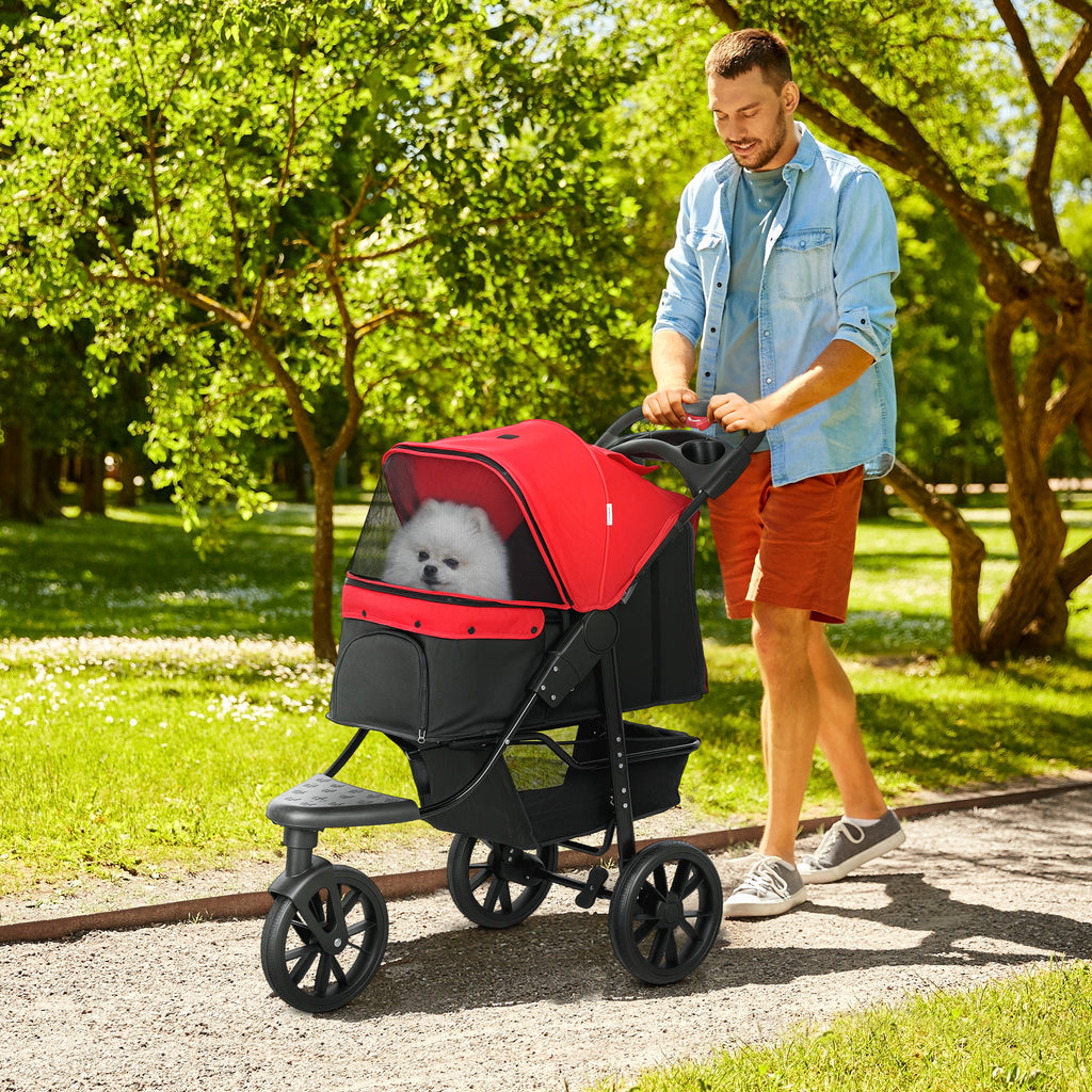 Hundewagen klappbar Hundebuggy bis 10 kg mit 3 Rädern, Netzfenstern Getränkehalter Ablagekorb 109,5x57,5x106,5 cm Rot