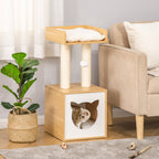 Katzenhöhle Katzenbett mit waschbarem Kissen, Plattform, Kratzsäule, Spielball, Katzenhaus für Katzen für Indoor 35 x 35 x 81 cm Eiche