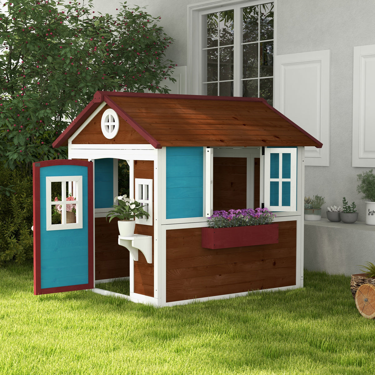 Kinderspielhaus, Holz-Spielhaus f¨¹r Kinder, Outdoor-Gartenspielhaus mit Fenstern, Blument?pfe, 3-8 Jahre, Blau