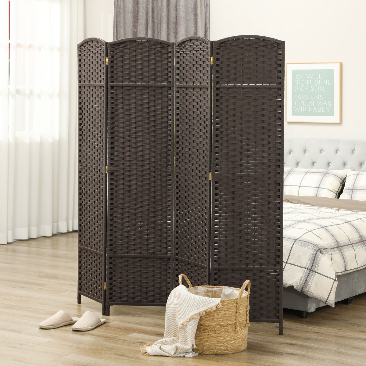 4-teiliger Raumtrenner, Faltbarer Sichtschutz, Sichtschutzwand f¨¹r Wohnzimmer, Schlafzimmer, Homeoffice, Braun