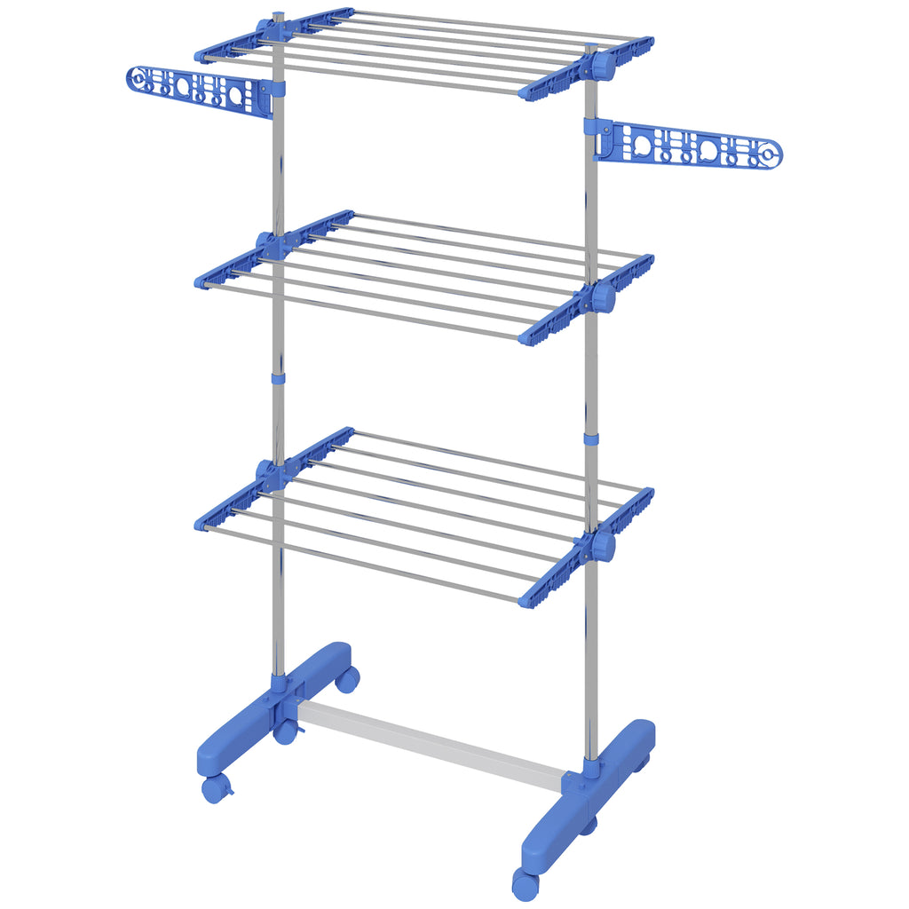 Three-Shelf Collapsing Clothes Horse, With Side Arms and Wheels - Blue