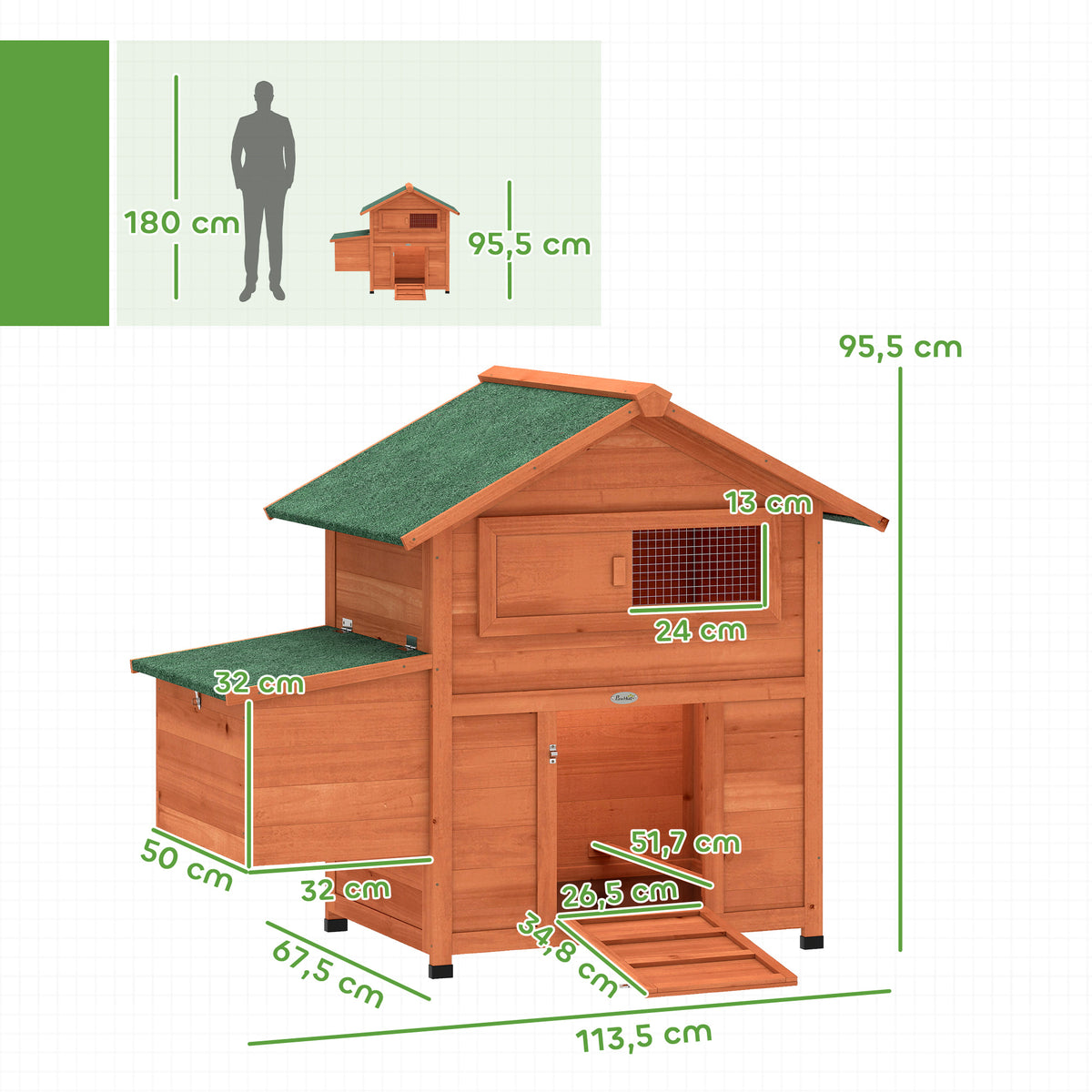 Hühnerstall Hühnerhaus aus Holz mit Nistkasten 2 Sitzstangen Rampe Fenster wasserdichtem Dach 113,5x67,5x95,5 cm Orange