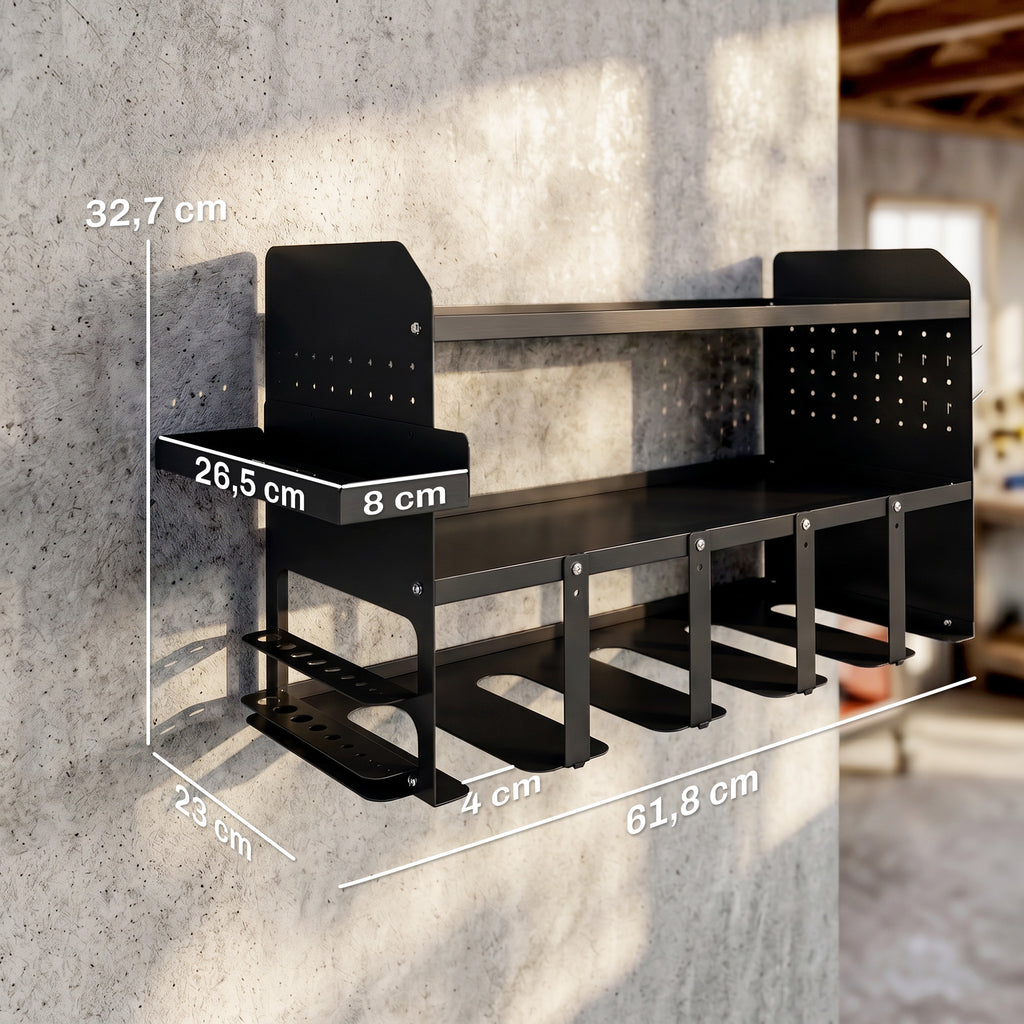 Gartenwerkzeug-Organizer 2-stufig Gartengeräte Ständer mit Haken Seitenfach bis 50 kg 61,8 x 23 x 32,7cm Schwarz