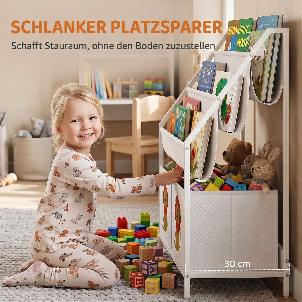 Bücherregal für Kinder Kinderregal mit 2 offenen Fächer 3 Hängeregale 60 x 30 x 76 cm Weiß