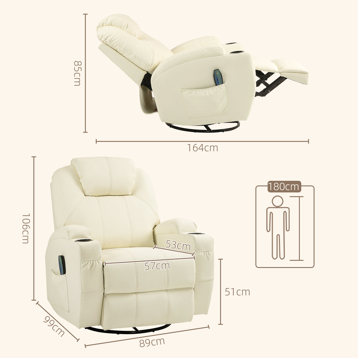 Relaxsessel mit Massagefunktion, neigbare Lehne, drehbar, bis 150 kg, Kunstleder, Cremeweiß