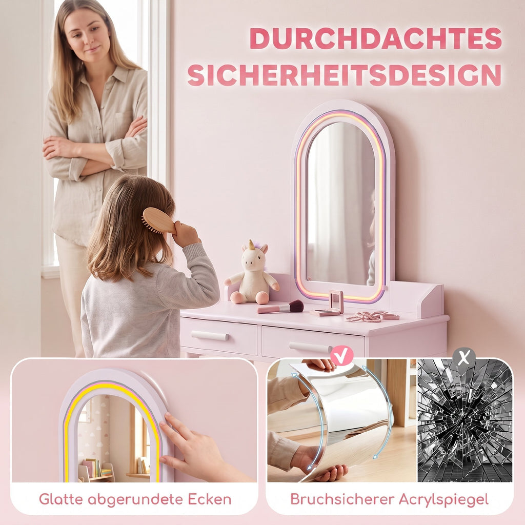 Kinder Schminktisch Set 2 in 1 mit LED-Spiegel für Mädchen Rosa
