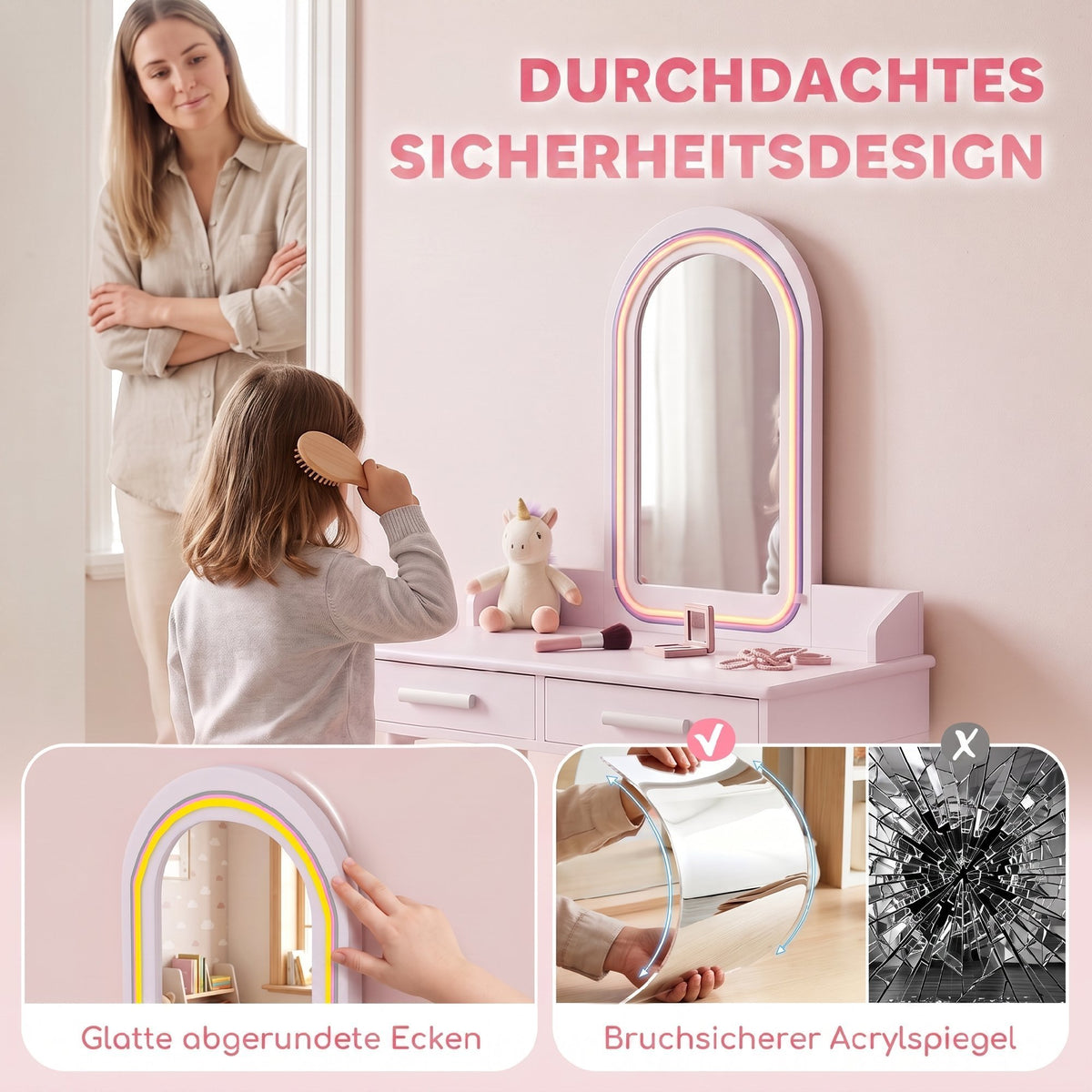 Kinder Schminktisch Set 2 in 1 mit LED-Spiegel für Mädchen Rosa