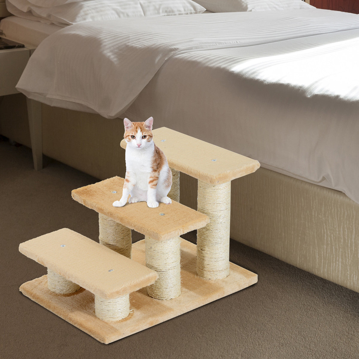  Pet Stairs 3-step Pet Ladder Cat dog Stairs Climb Ladder Cat Tree, Beige