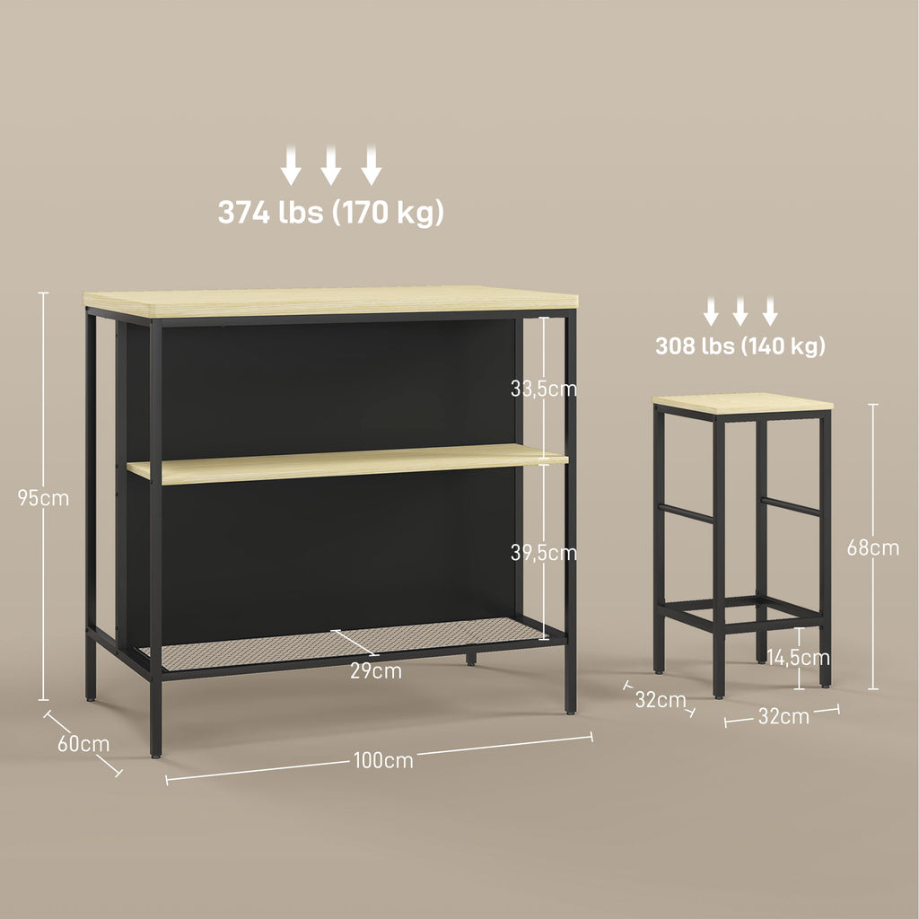 Bar-Set, 2 Barstühle & 1 Bartisch, fleckenresistent, stabil, Stahlrahmen, Schwarz/Eiche