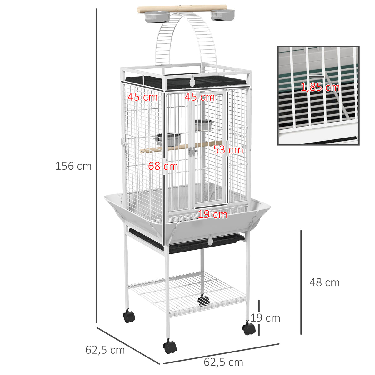 Vogelkäfig, Papageienkäfig mit 3 Türen, 2 Sitzstange, 360° Rollen, Futternapf, Ablage, Freisitz, 62,5x62,5x156cm, Weiß