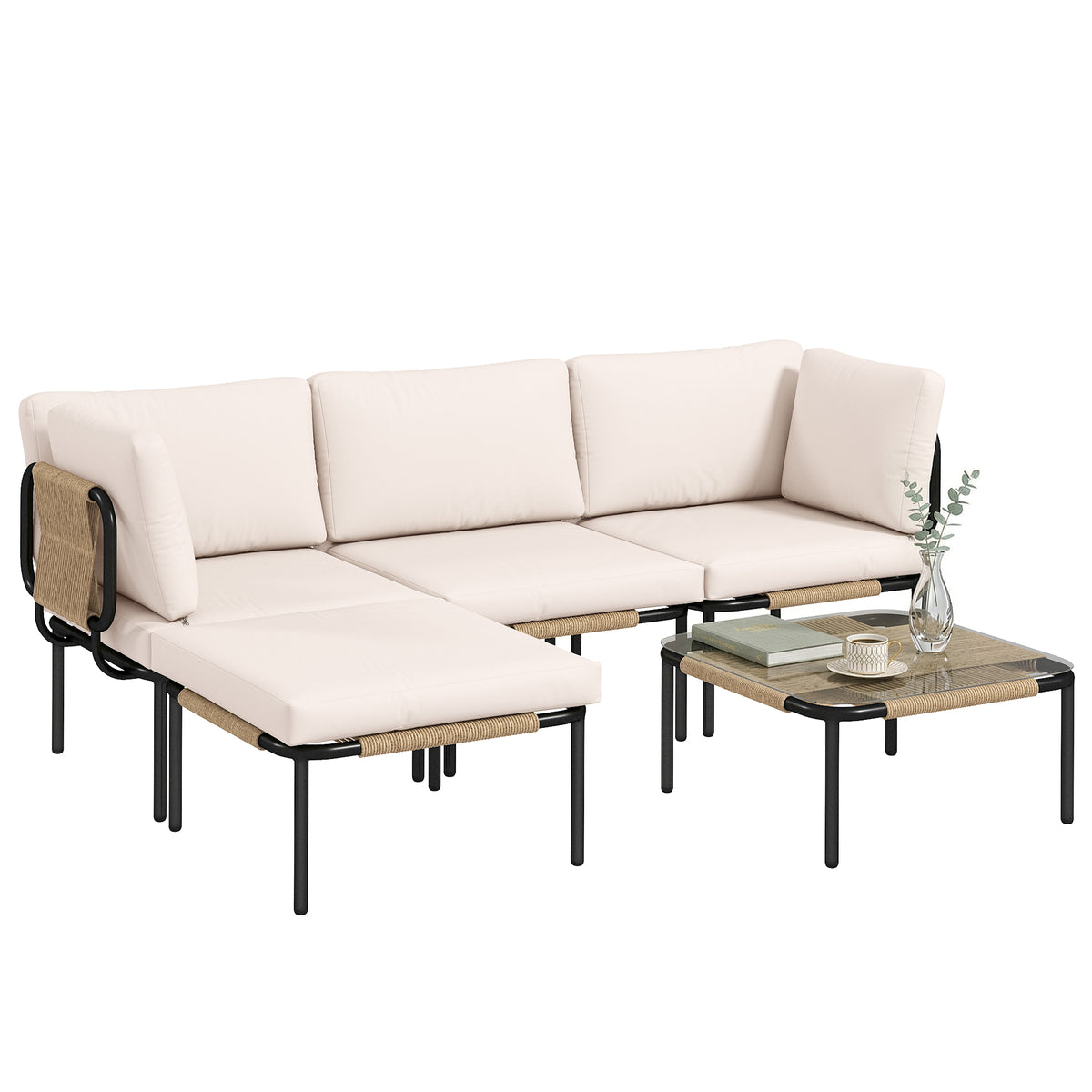 Polyrattan Gartenmöbel Set 5-teilig Lounge Set mit 3 Sessel Glastisch Hocker Breit & Tief Sitz abnehmbar Kissen