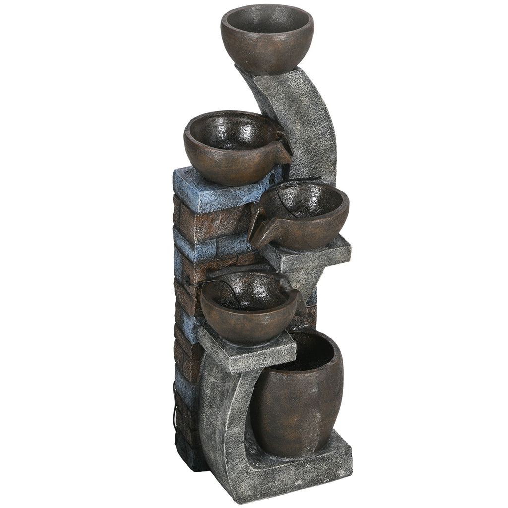 Gartenbrunnen, Backsteinoptik, 5-stufig, Solarbetrieb, LEDs, 107cm, Kunstharz, Grau/Braun