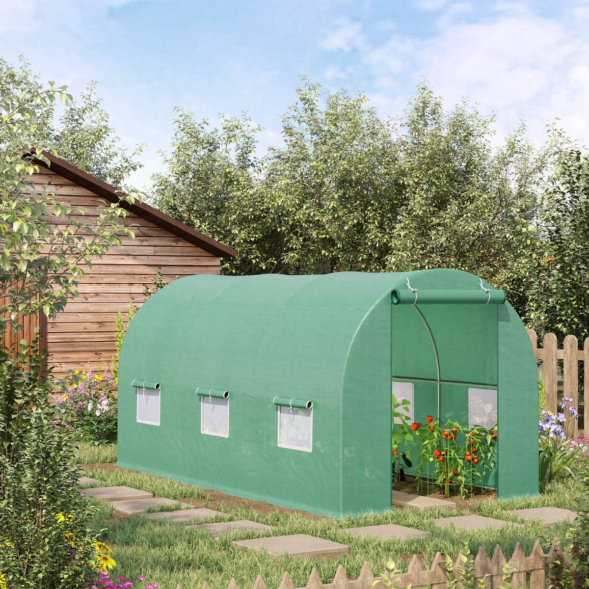 4.5m x 2m x 2m Walk-in Tunnel Greenhouse Garden Plant Growing House with Door and Ventilation Window, Green