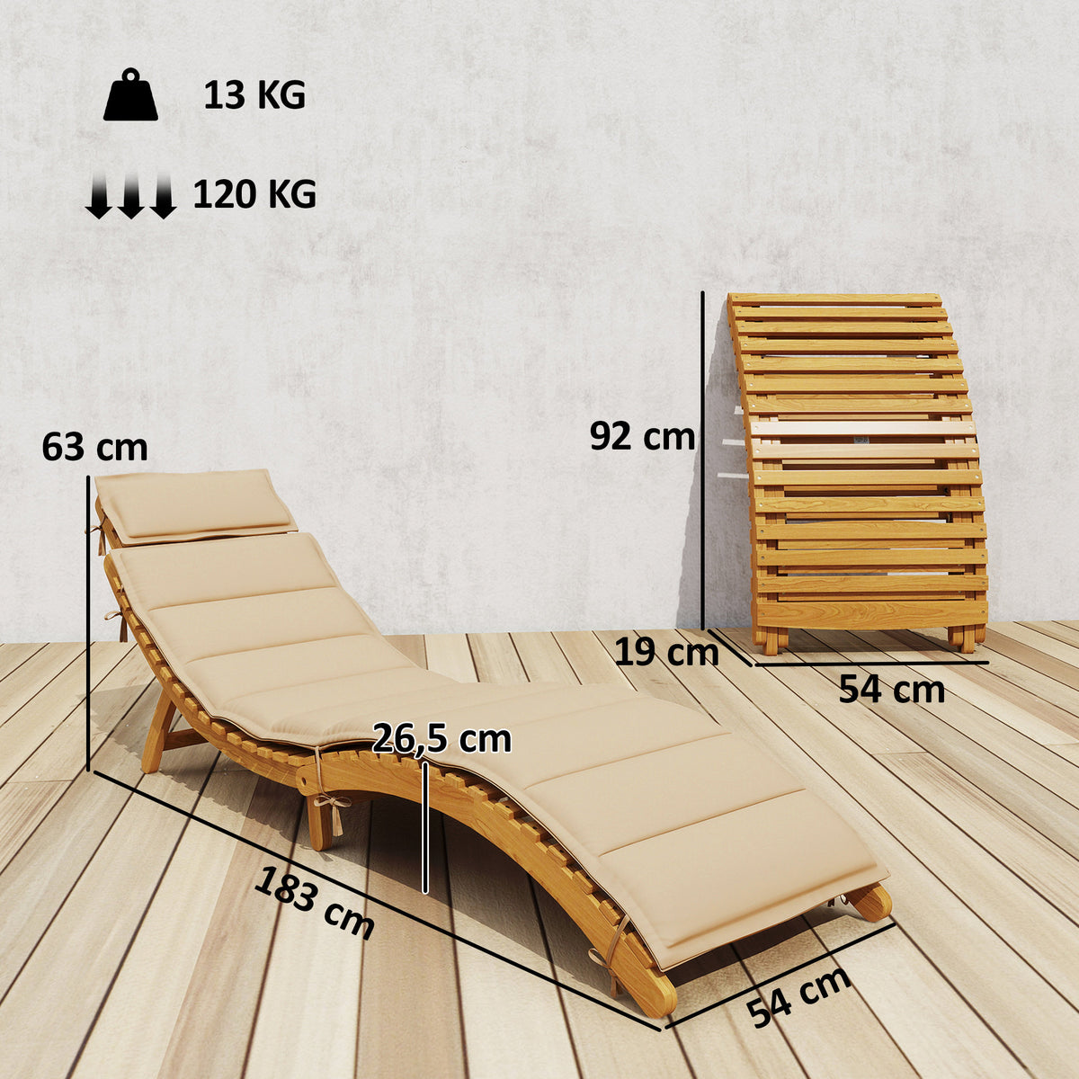 Sonnenliege klappbare wetterfeste Gartenliege aus Holz mit Polsterung Kopfstütze Tragegriff 183 x 54 x 63 cm, Beige