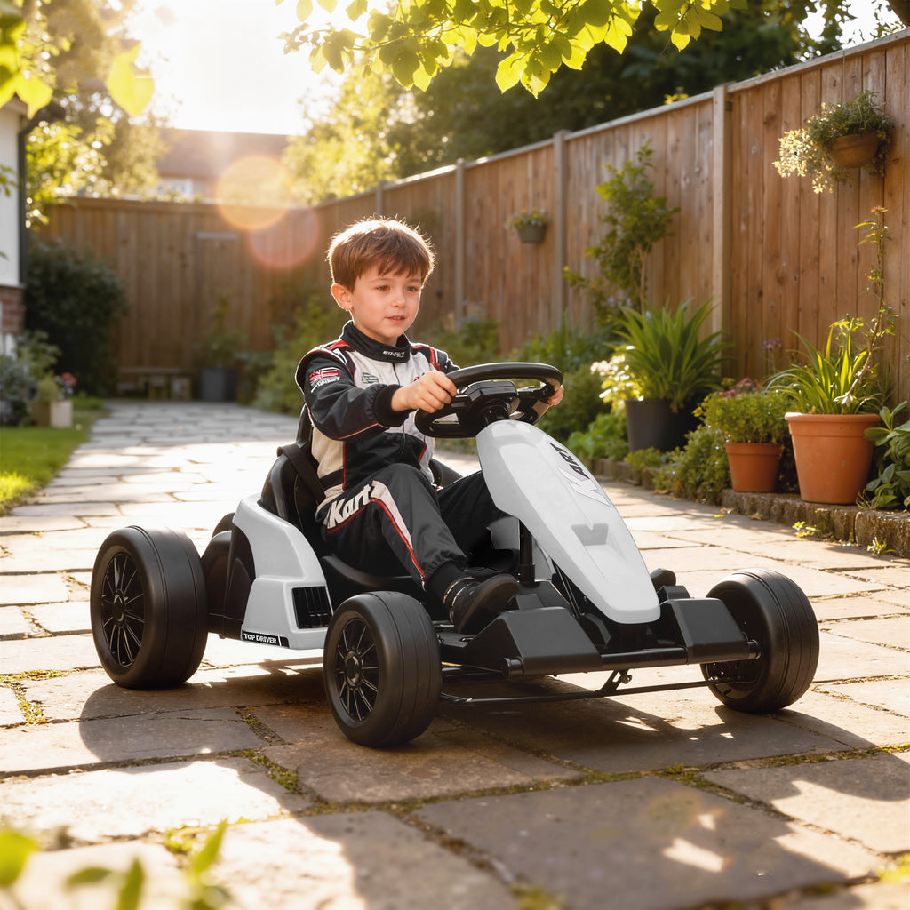 24 V Elektro Go-Kart für Kinder Bis 18 Km/h Gokart mit Drift-Funktion, Drift-Kart mit 2 Motoren verstellbar Sitz Weiß