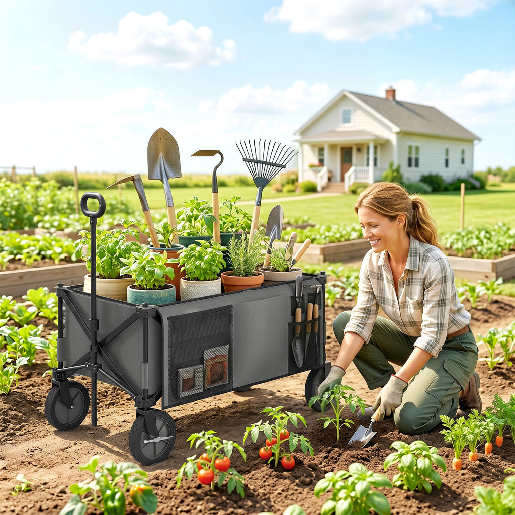 Garden Trolley, Cargo Traile on Wheels, Folding Collapsible Camping Trolley, Outdoor Utility Wagon, Dark Grey