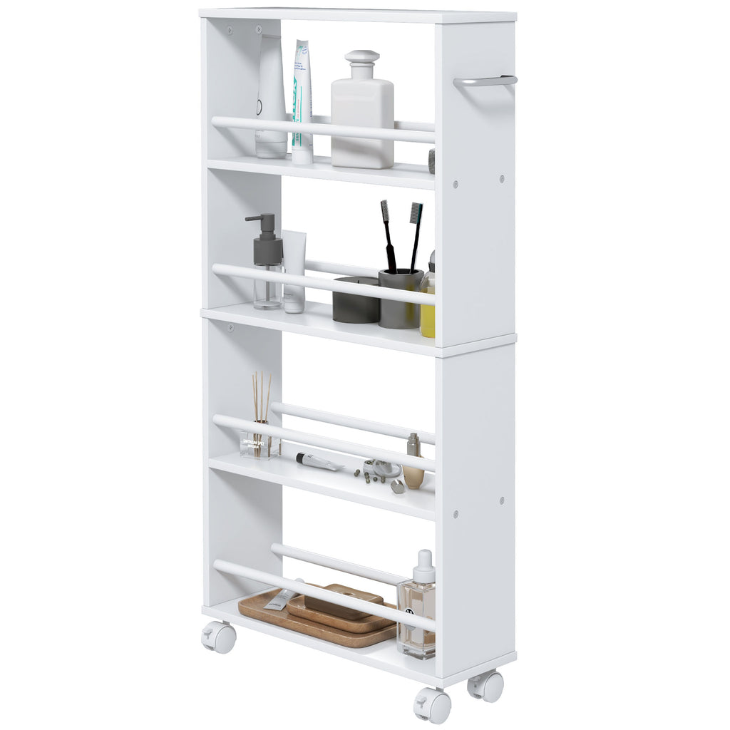 Multifunktionsregal mit Rollen, schmale Bauweise, 4 F?cher, 45x15x91 cm, Wei?
