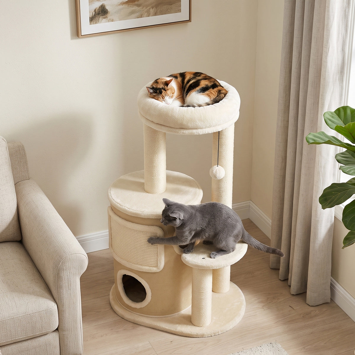Kratzbaum mit 2-stöckiger Kratztonne Katzenbaum mit Sisal-Kratzpfosten, Plattform Sisalbrett Spielball, für Katzen 5kg