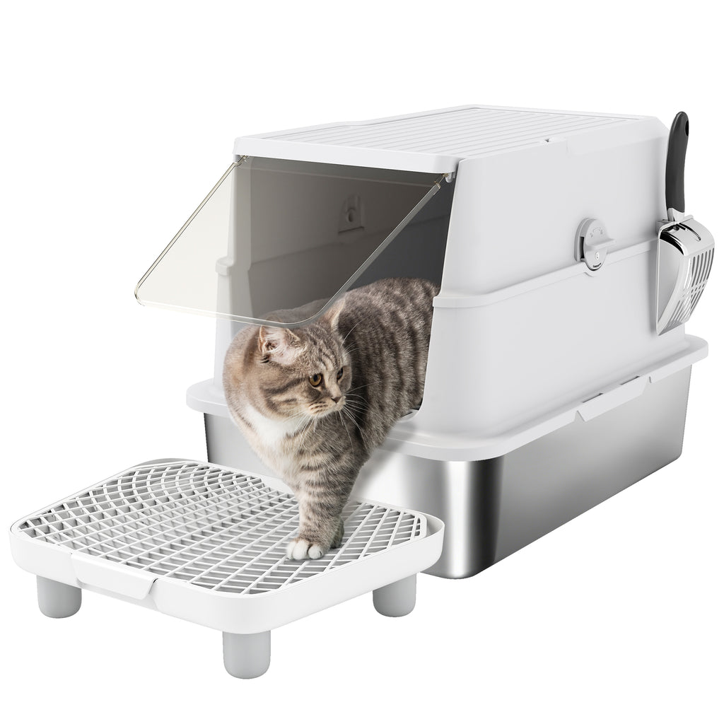 Katzentoilette, Edelstahl, XL-Innenraum, mit Schaufel, Hellgrau