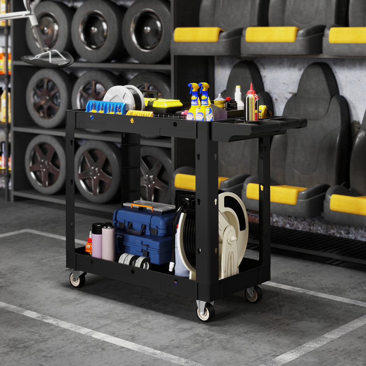 Werkzeugwagen, 2-st?ckige Ablagen, Griff, R?der, Kunststoff, Schwarz