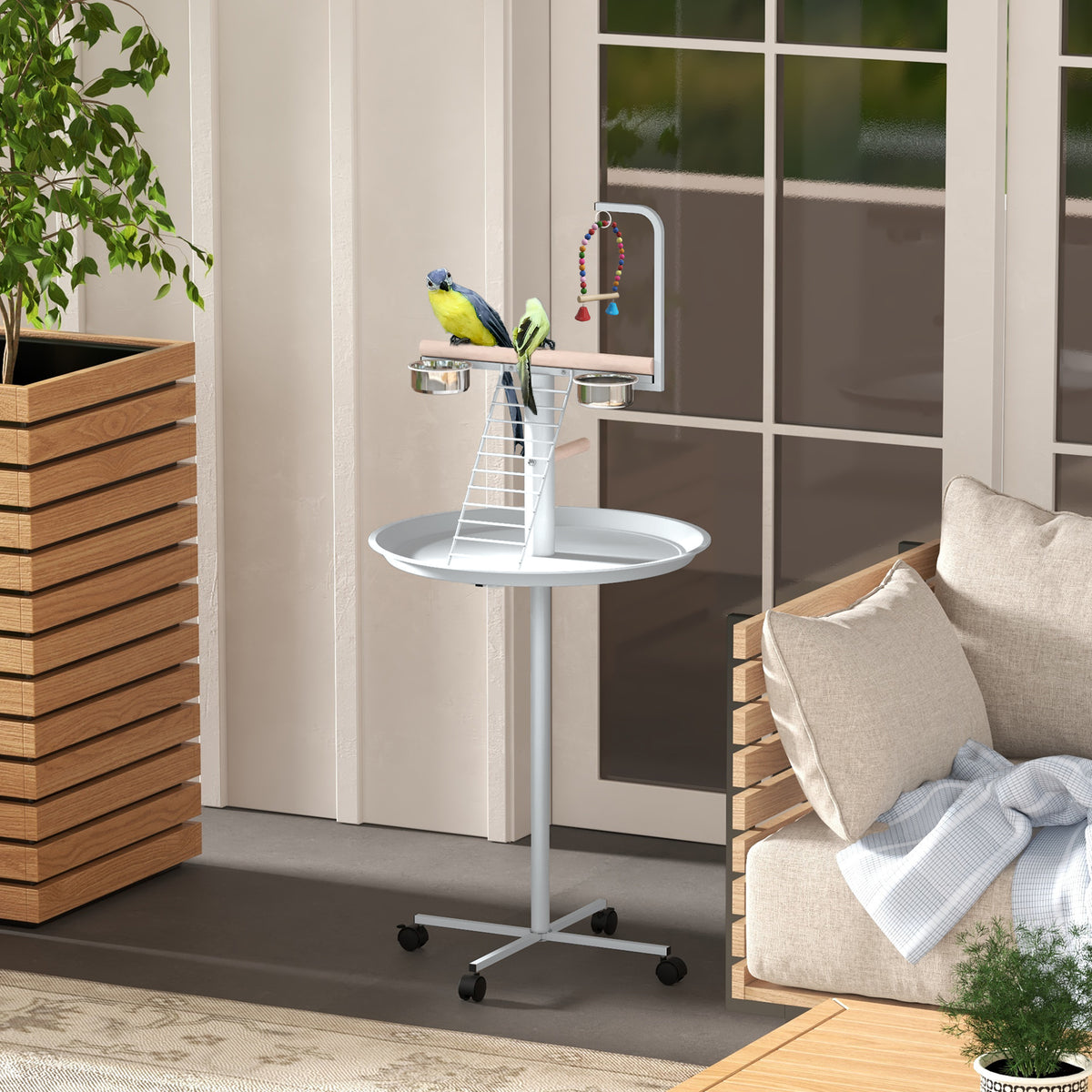 Bird Stand with Four Wheels, Perches, Stainless Steel Feed Bowls, Round Tray, for Garden, Indoor, Outdoor - White