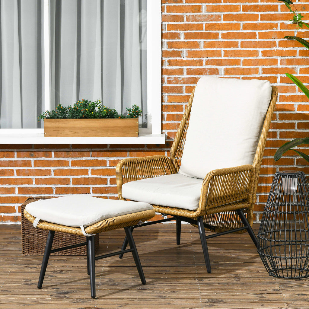 Polyrattan Gartenstuhl und Hocker, verstellbare Lehne, Hellbraun/Grau/Schwarz