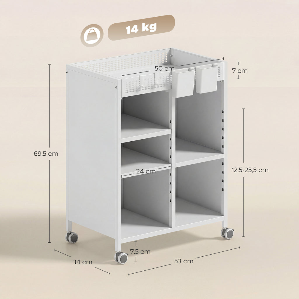 Bücherregal auf Rollen, 4-stufig, verstellbare Regalböden & Hängekörbe für Home Office und Wohnzimmer, Weiß