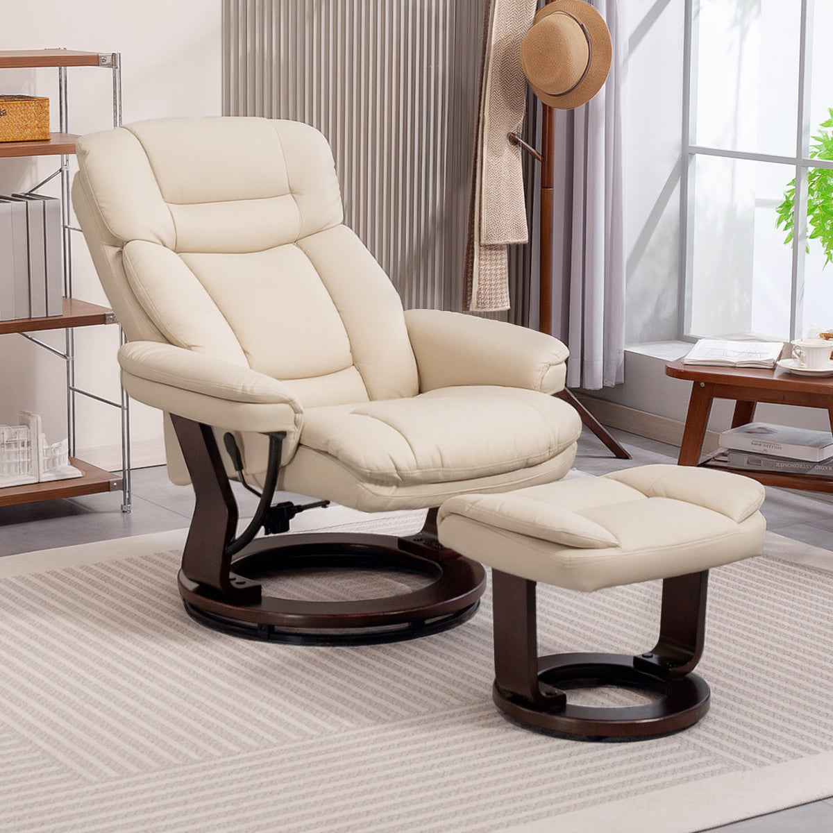 Relaxsessel mit Fußhocker, Verstellbarer Sessel, Kunstleder-Bezug, Polstersessel mit klappbarer Rückenlehne, Cremeweiß