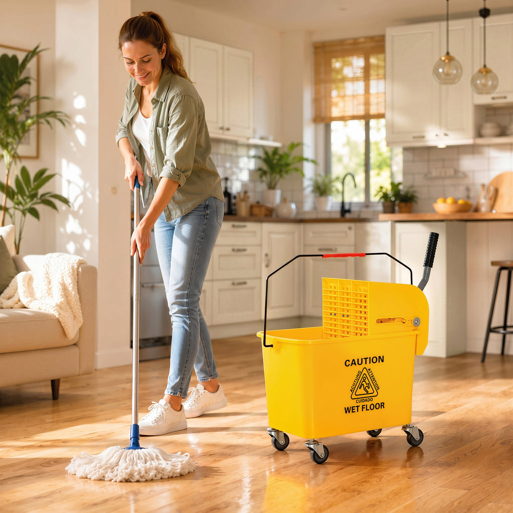 20L Compact Mop Bucket on Wheels, with Water Separation Panel - Yellow