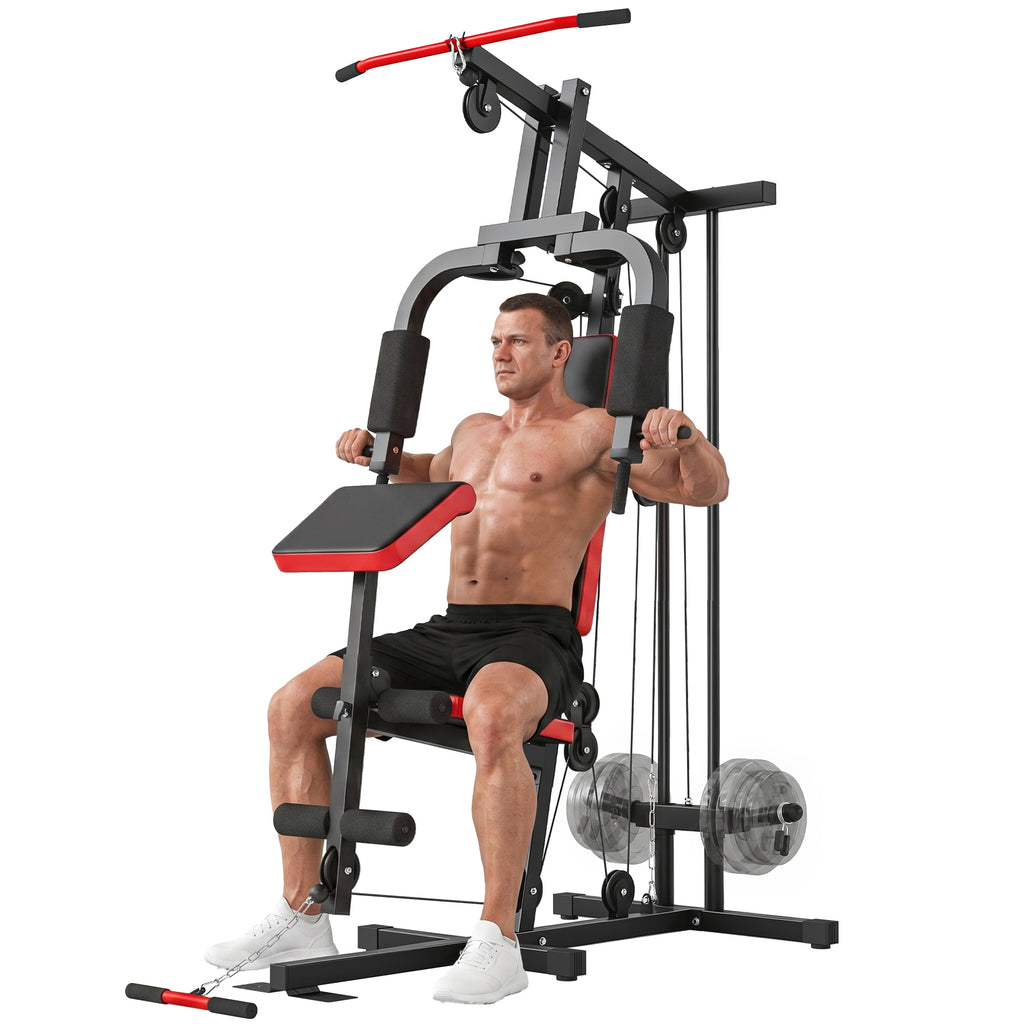 Kraftstation Fitnessstation mit Latzug, Butterflystange, verstellbar Preacher Bank, Beintrainer, bis 120kg Schwarz+Rot