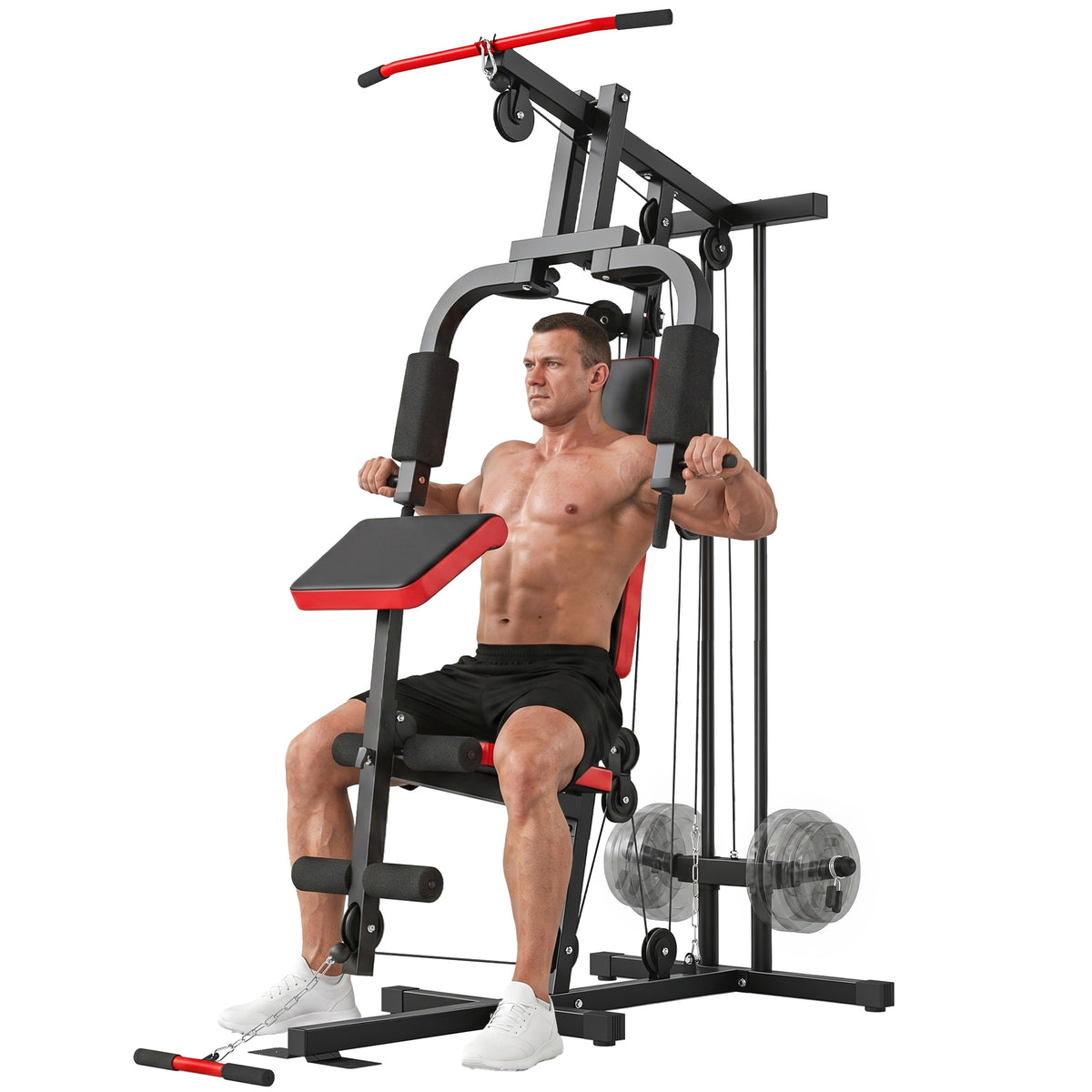Kraftstation Fitnessstation mit Latzug, Butterflystange, verstellbar Preacher Bank, Beintrainer, bis 120kg Schwarz+Rot
