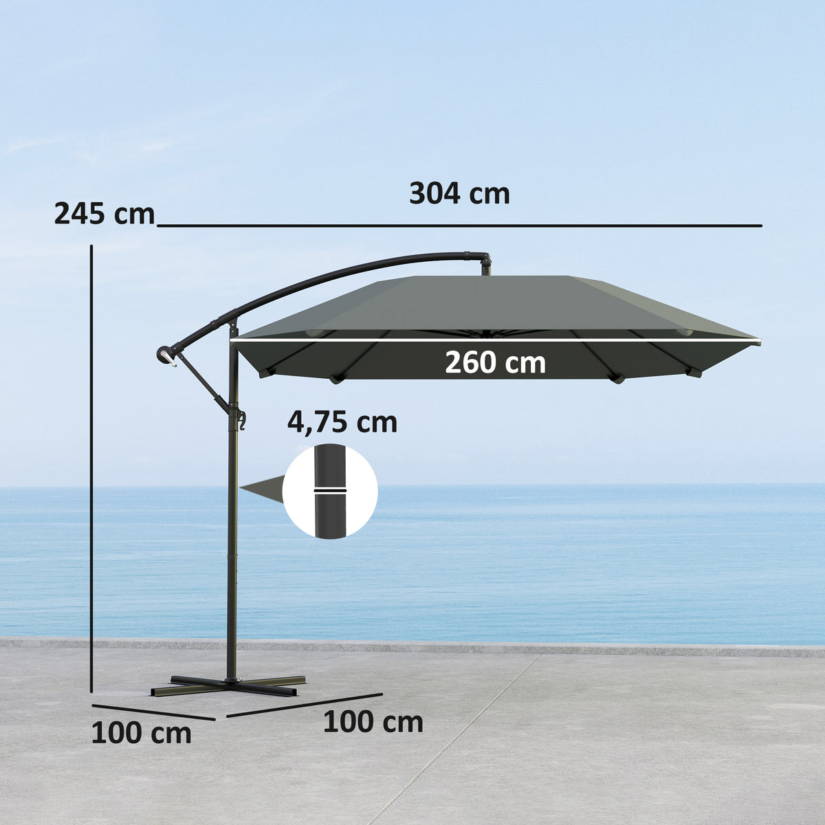 Ampelschirm Alu ? 260 cm Sonnenschirm, wasserdicht Kurbelschirm mit St?nder, Kurbel, Dunkelgrau