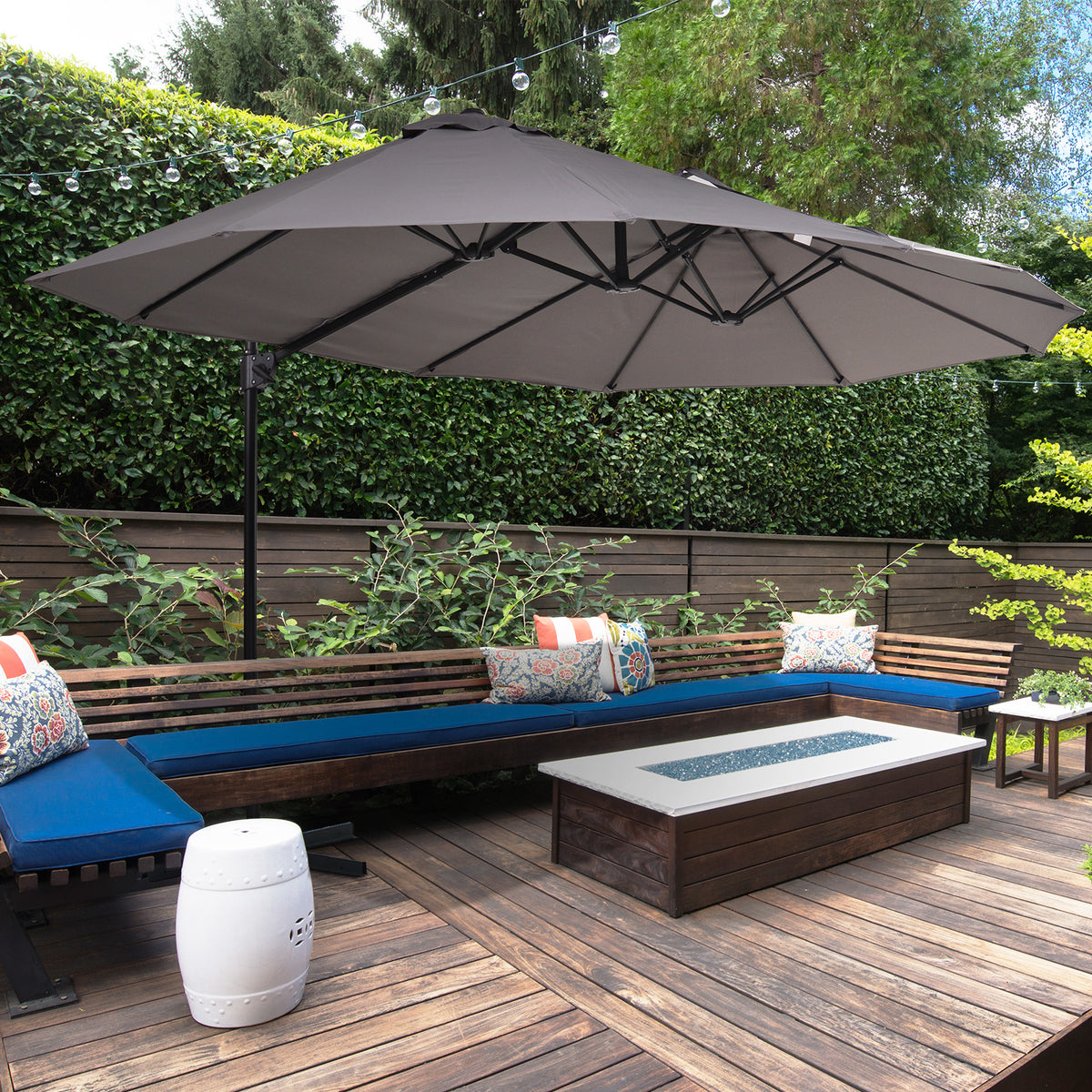 Double Canopy Offset Parasol Umbrella Garden Shade with 12 Support Ribs Crank Handle Easy Lift Twin Canopy Grey