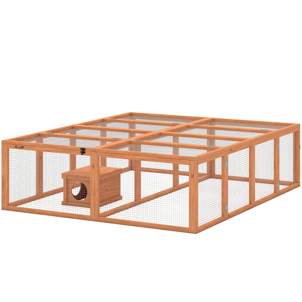 Freilaufgehege Kaninchenstall aus Holz mit 2 Türen Unterschlupfhaus für 2-4 Zwergkaninchen 180,4 x 150 x 48 cm Orange